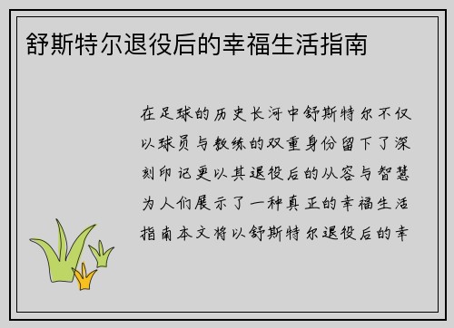 舒斯特尔退役后的幸福生活指南